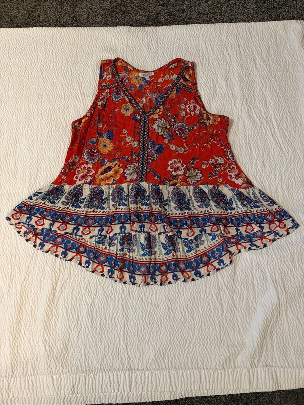 Patrons of Peace Red Floral Tiered V-Neck Tank
